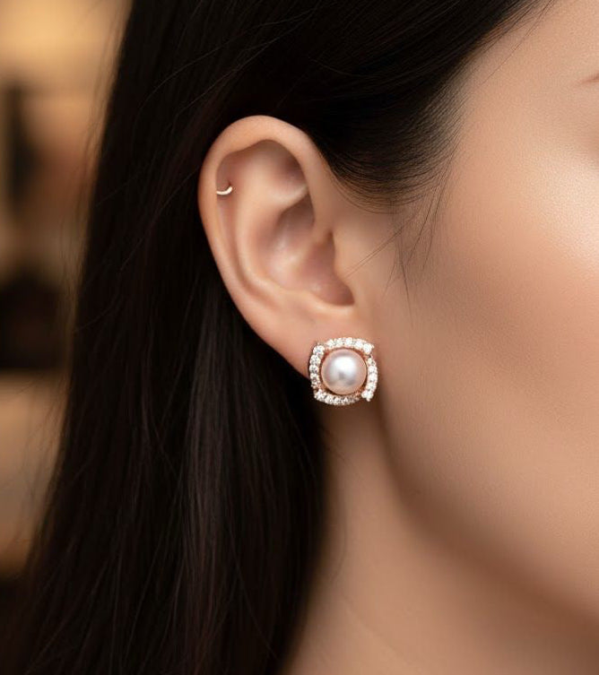 Buy 1 Get 1 Free - Classic Pearl Halo Studs – American Diamond Rose Gold Earrings - Earrings - Belleza Jewels