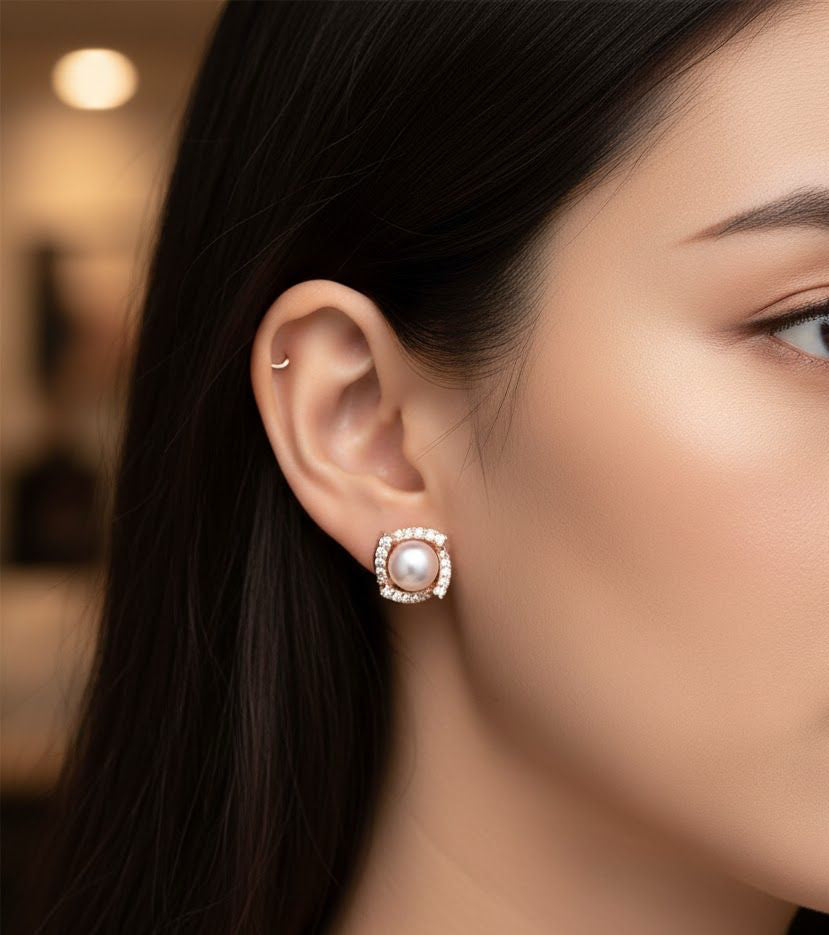 Buy 1 Get 1 Free - Classic Pearl Halo Studs – American Diamond Rose Gold Earrings - Earrings - Belleza Jewels