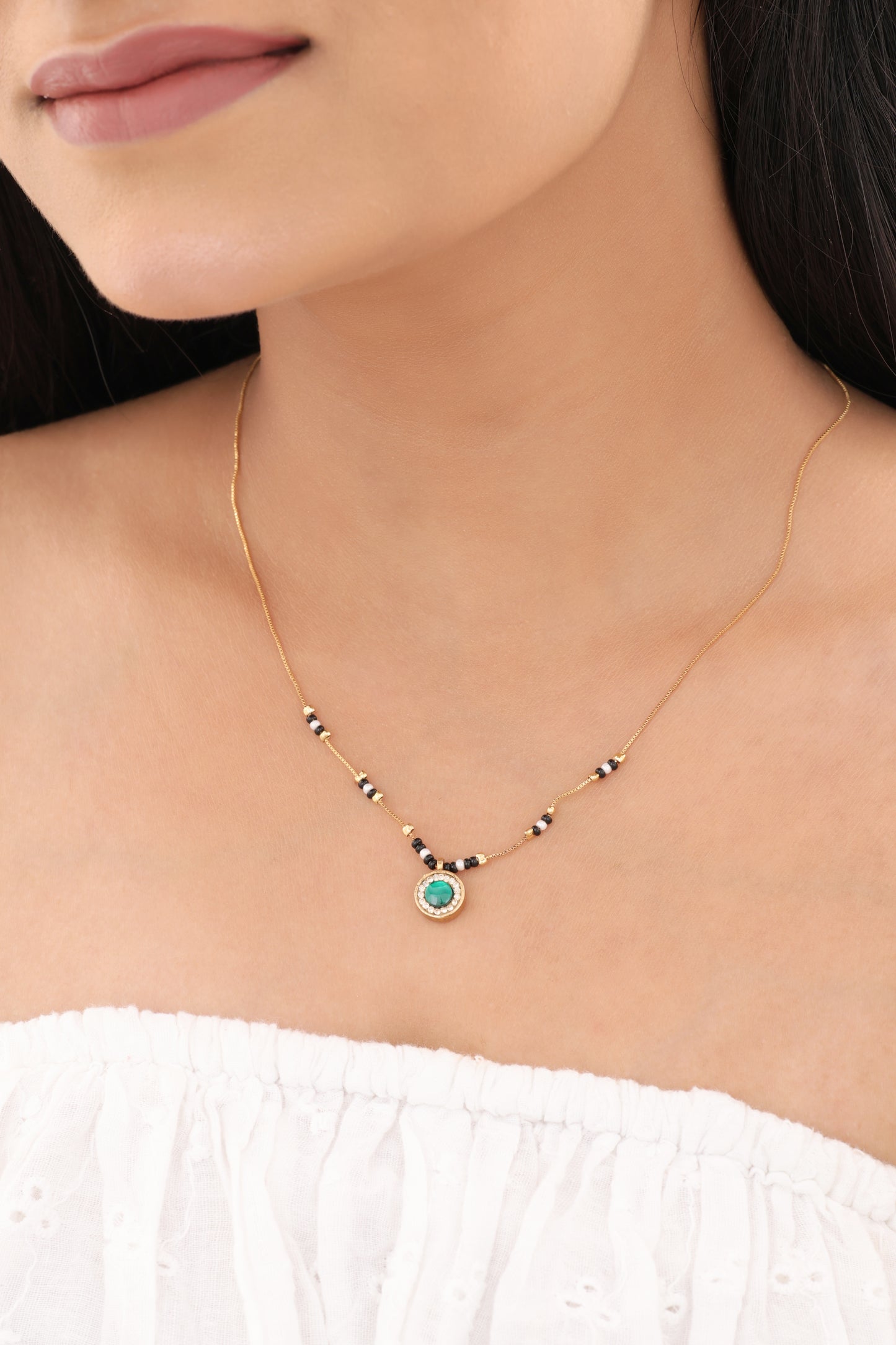 Buy 1 Get 1 Free - Gold Finish Green Stone Minimal Mangalsutra