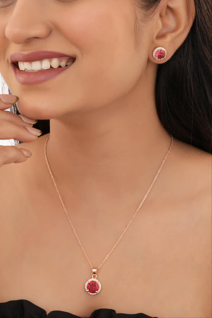 Radiant Halo Stone Pendant Necklace Set with Stud Earrings