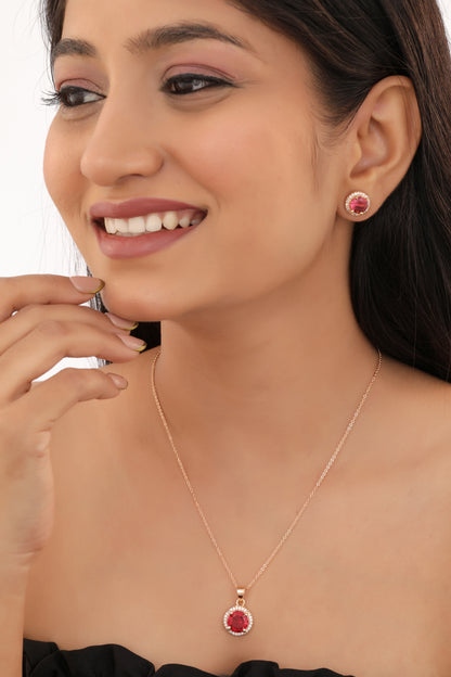 Radiant Halo Stone Pendant Necklace Set with Stud Earrings