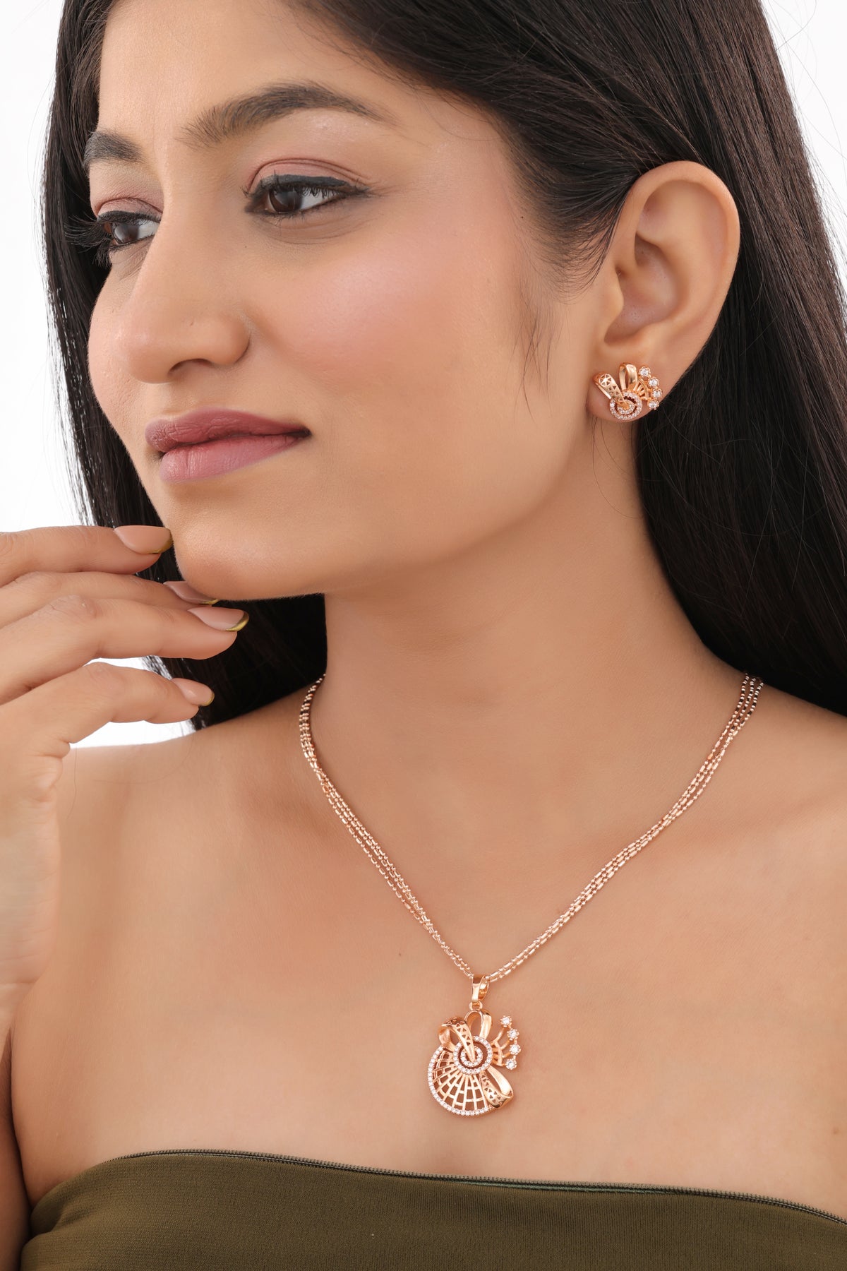 Abstract Floral CZ Pendant Necklace - Pendant Set - Belleza Jewels