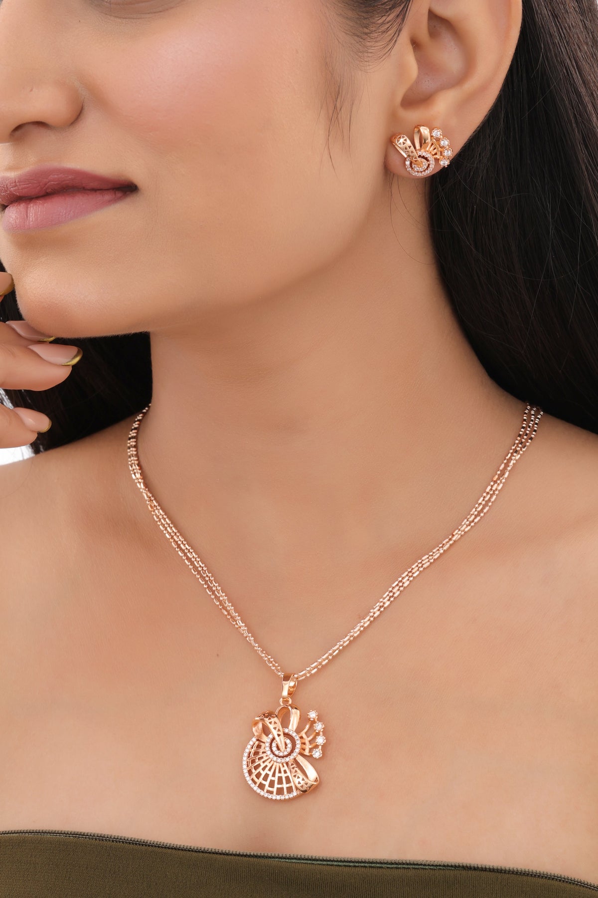 Abstract Floral CZ Pendant Necklace - Pendant Set - Belleza Jewels