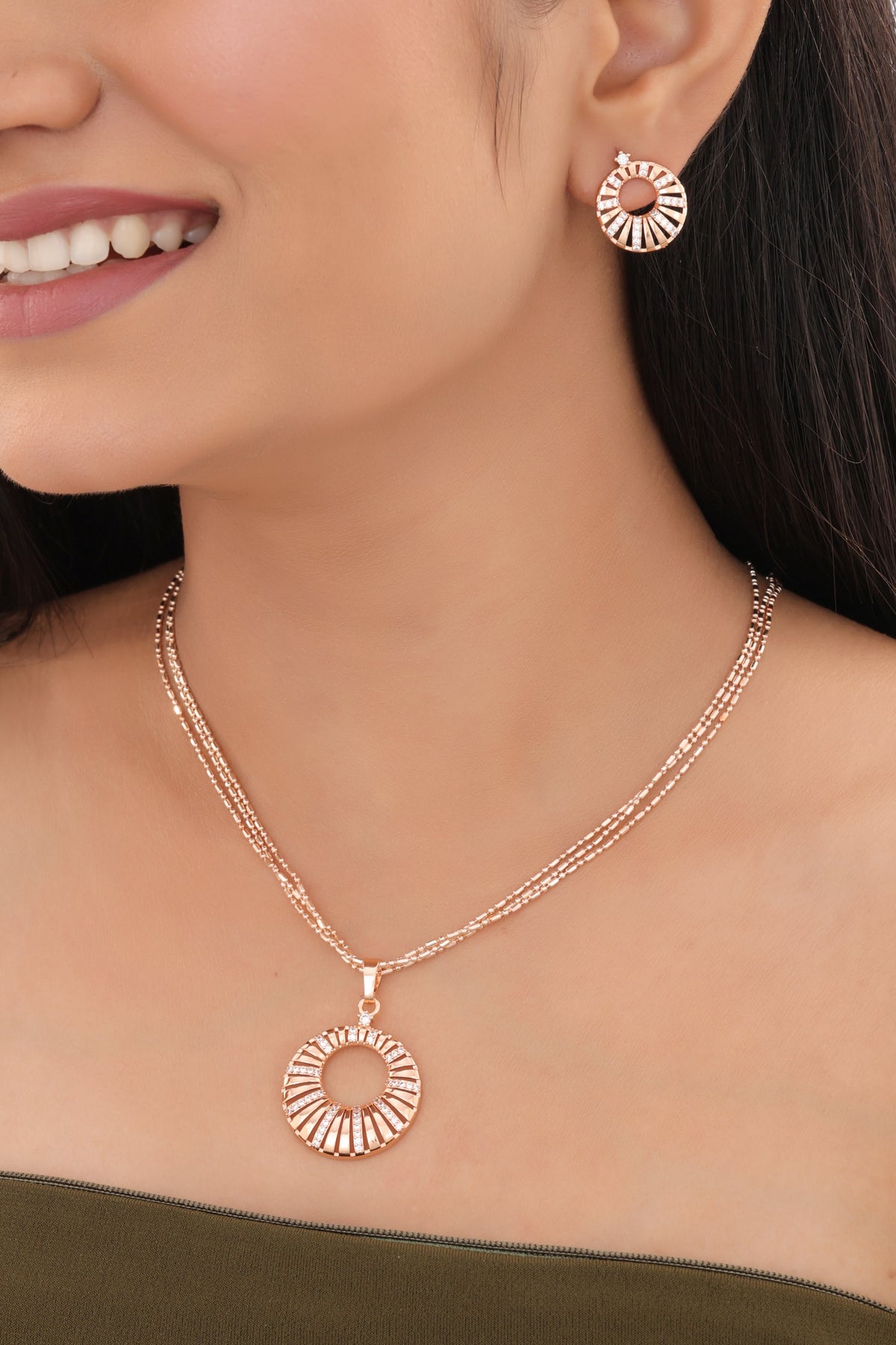 Rose Gold Sunburst Circle Pendant Set - Pendant Set - Belleza Jewels