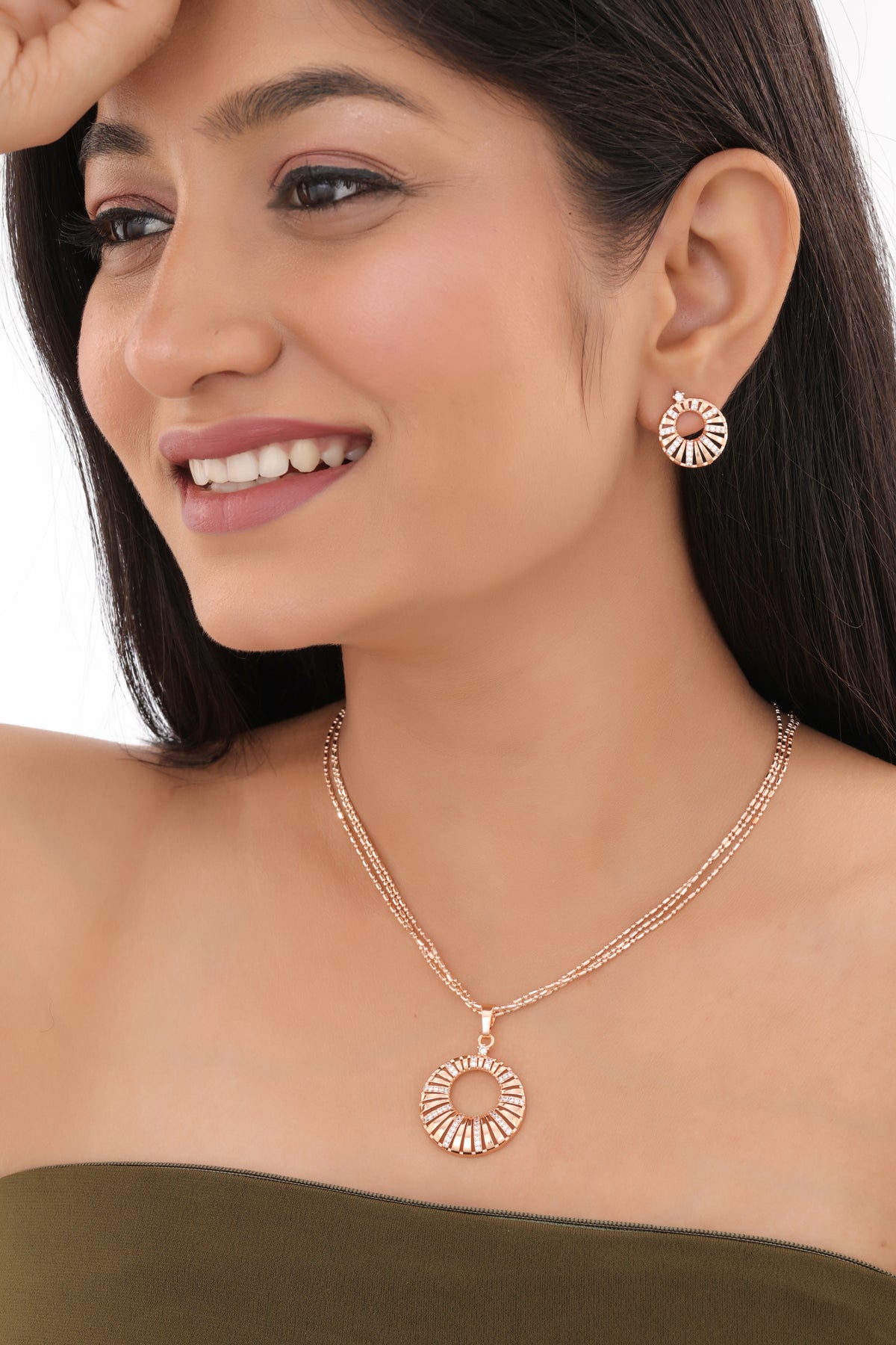 Rose Gold Sunburst Circle Pendant Set - Pendant Set - Belleza Jewels
