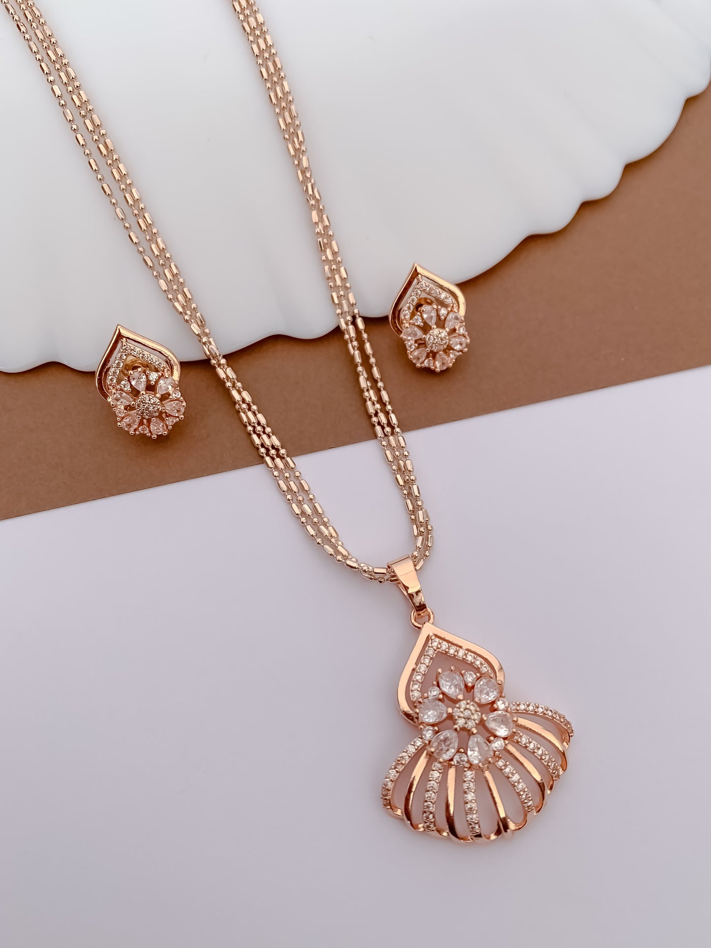 Rose Gold Floral Drop Pendant Set