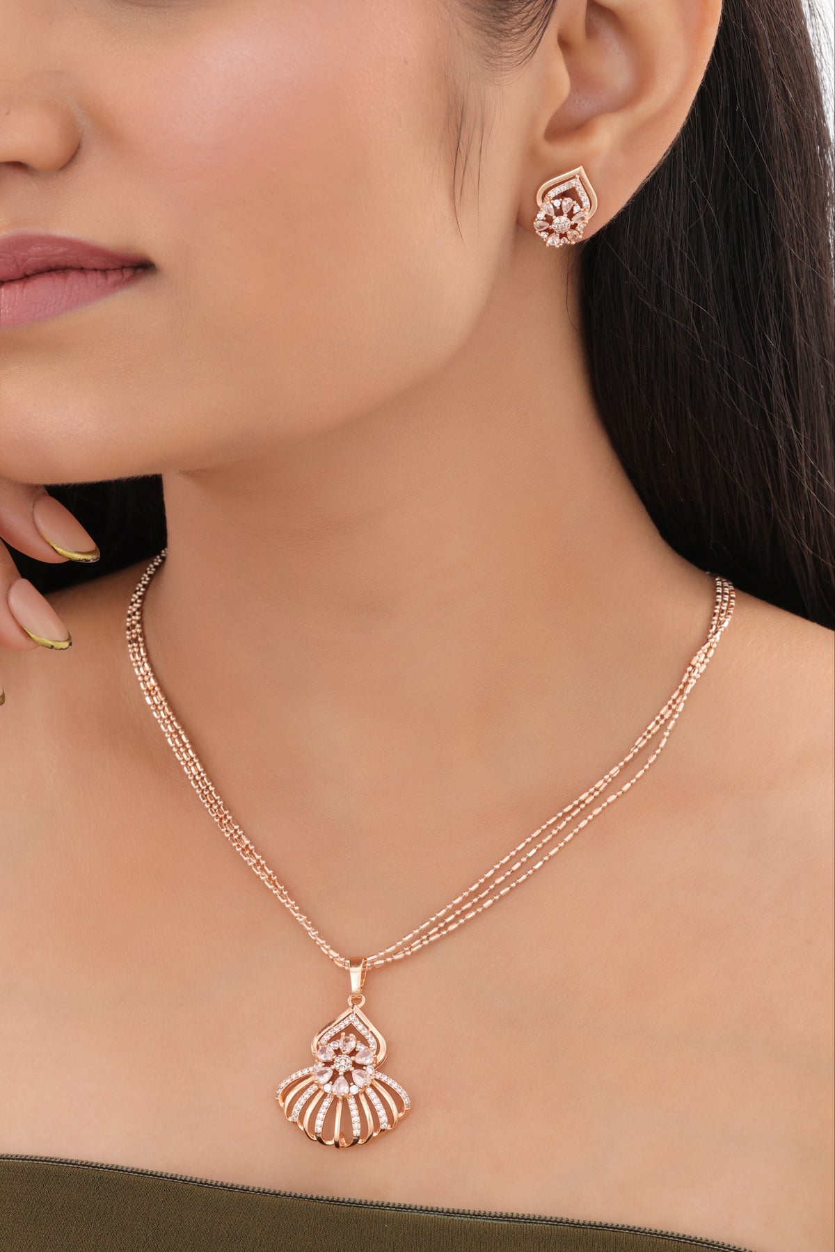 Rose Gold Floral Drop Pendant Set - Pendant Set - Belleza Jewels