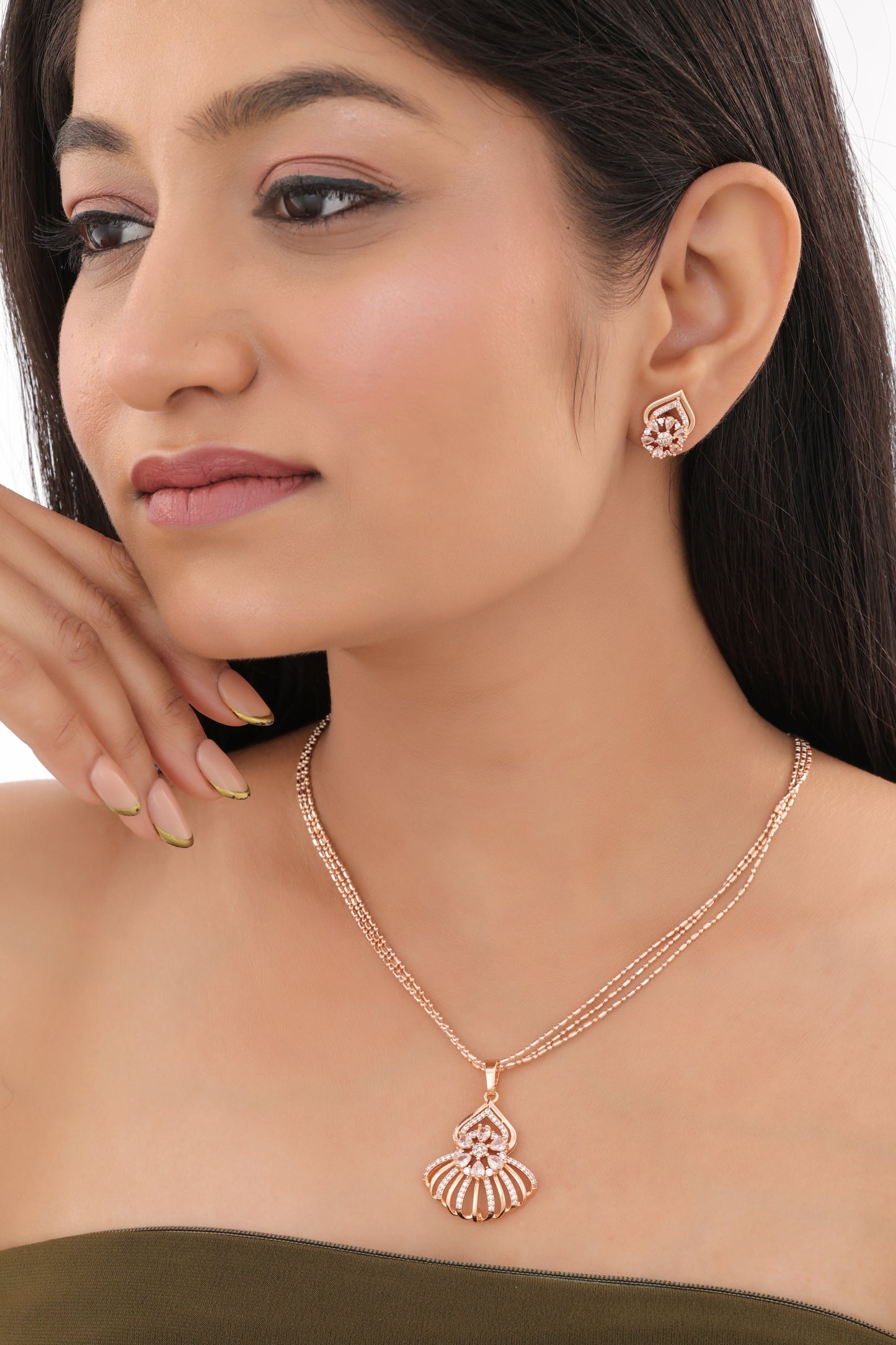 Rose Gold Floral Drop Pendant Set