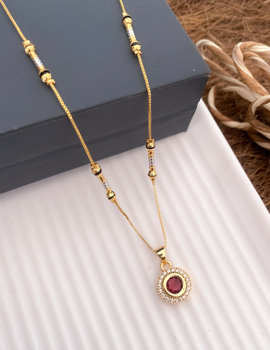 American Diamond Round Shape High Gold Plated Delicate Chain Pendant - Belleza Jewels