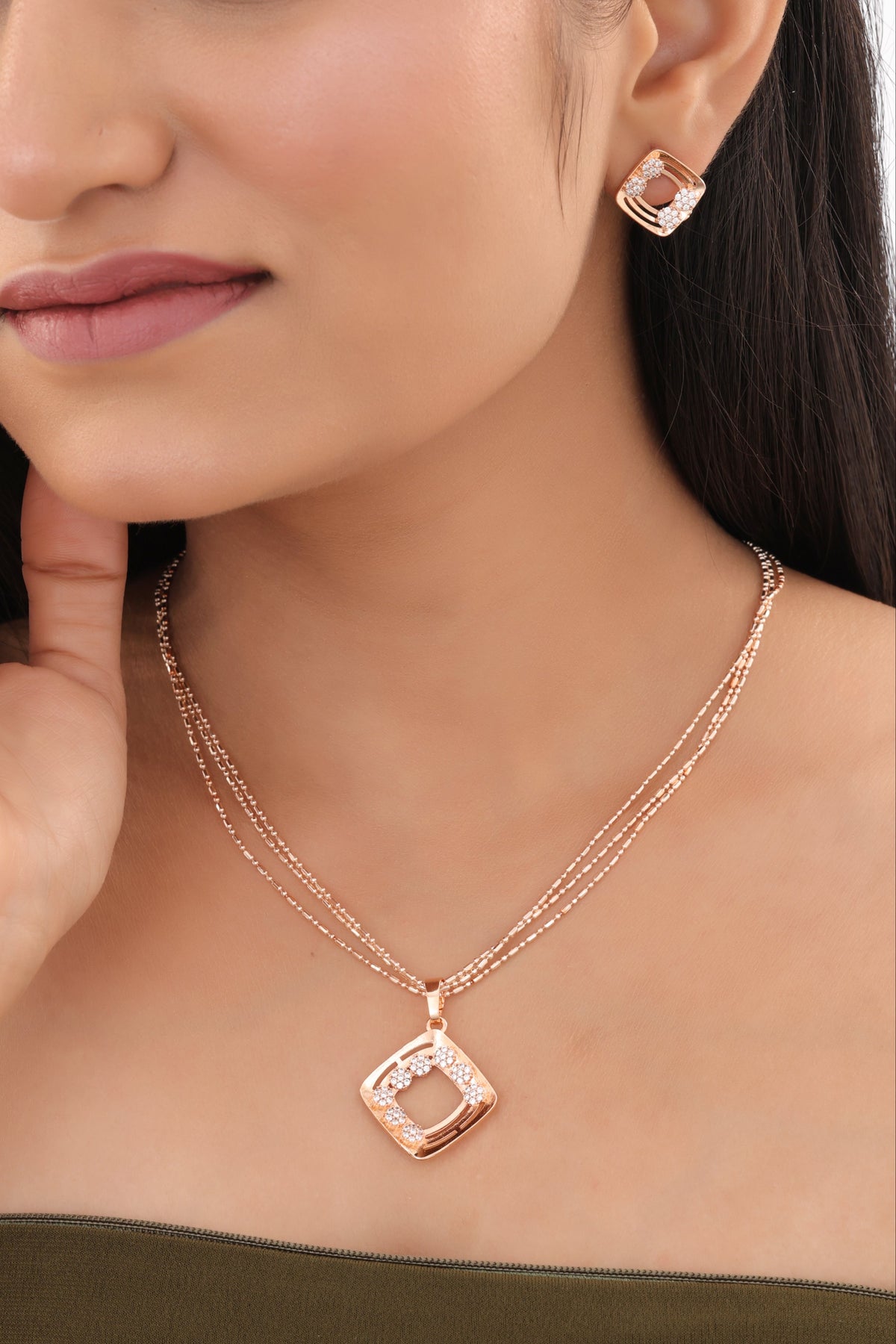 Rose Gold Geometric Square Pendant Set - Pendant Set - Belleza Jewels