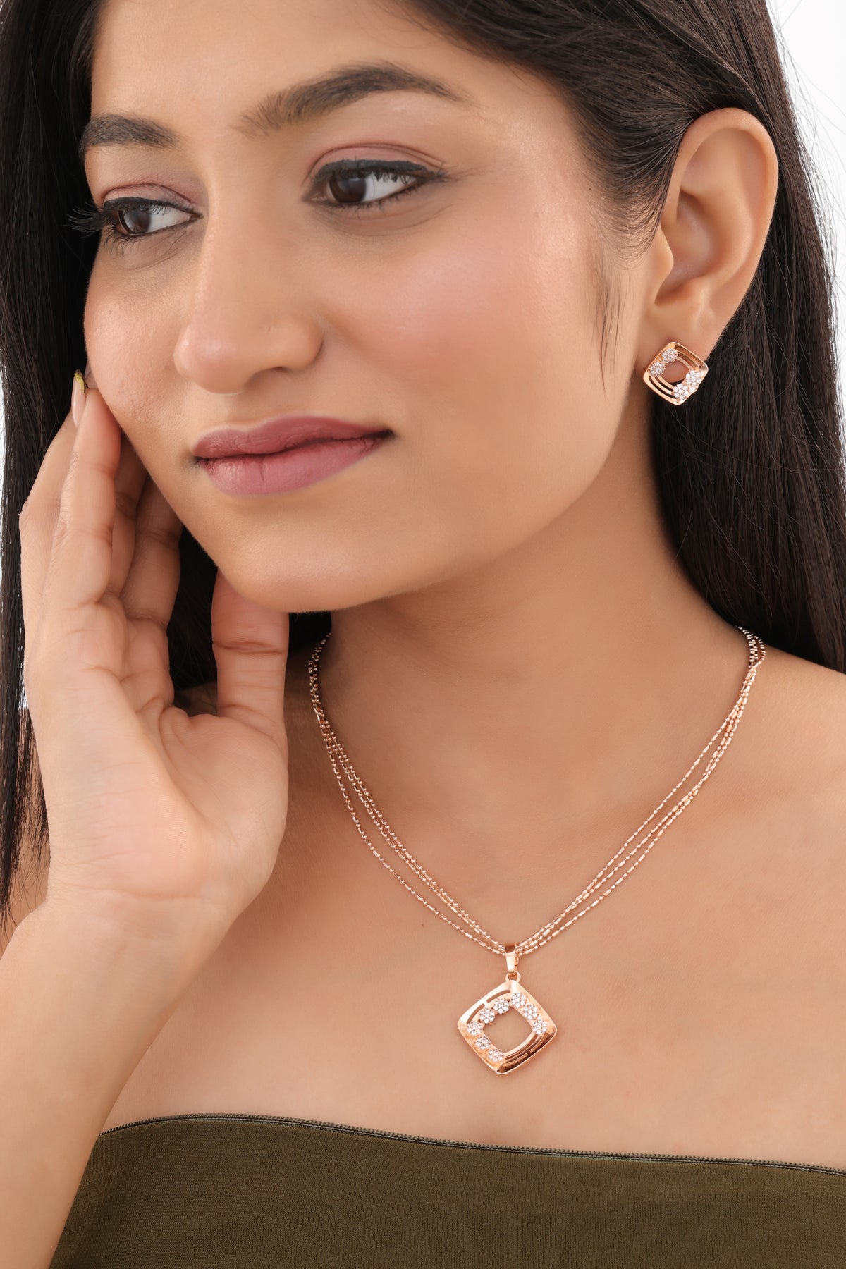 Rose Gold Geometric Square Pendant Set - Pendant Set - Belleza Jewels