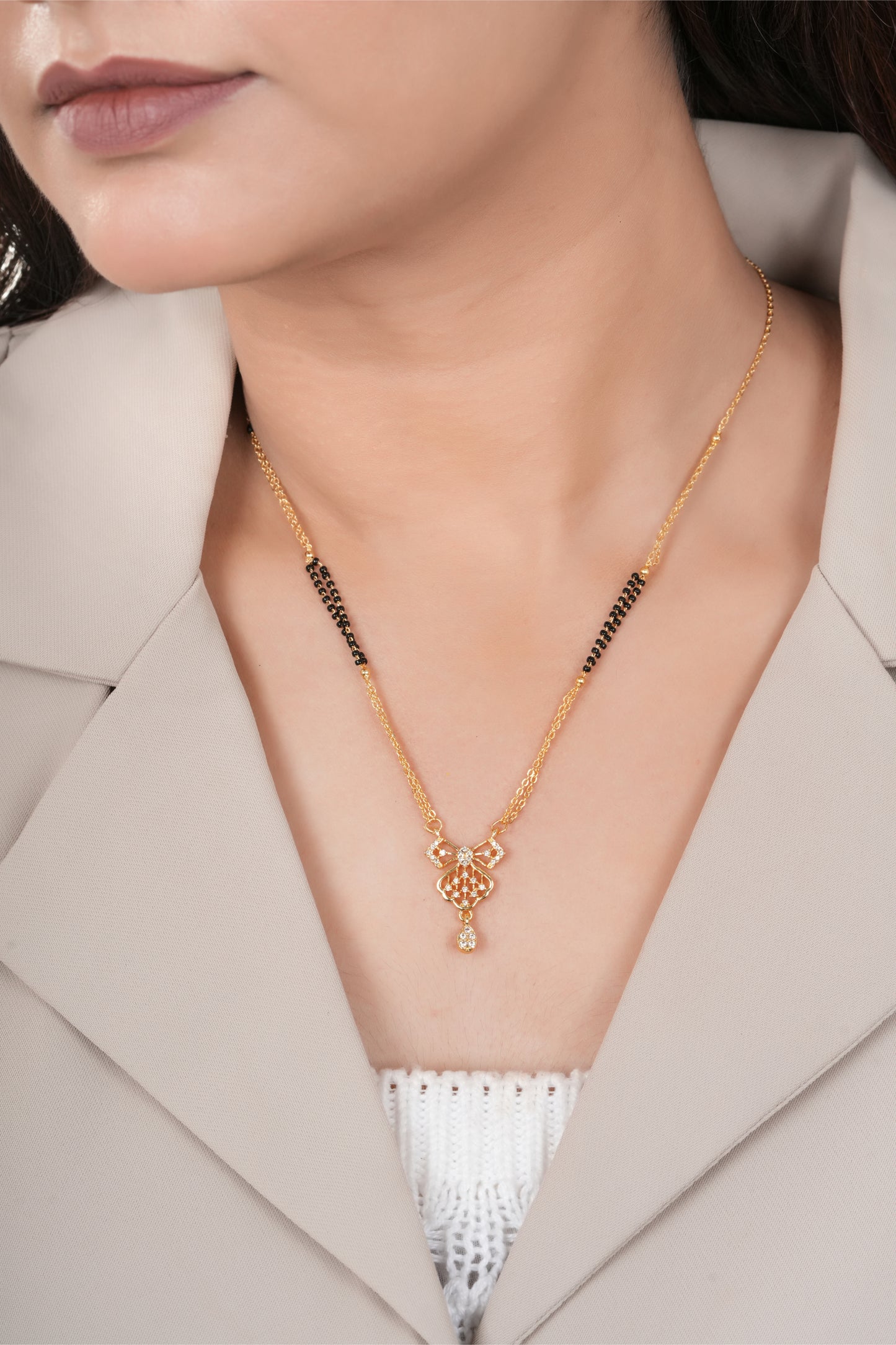 Gold Finish Royal Drop Motif Crystal Minimal Mangalsutra