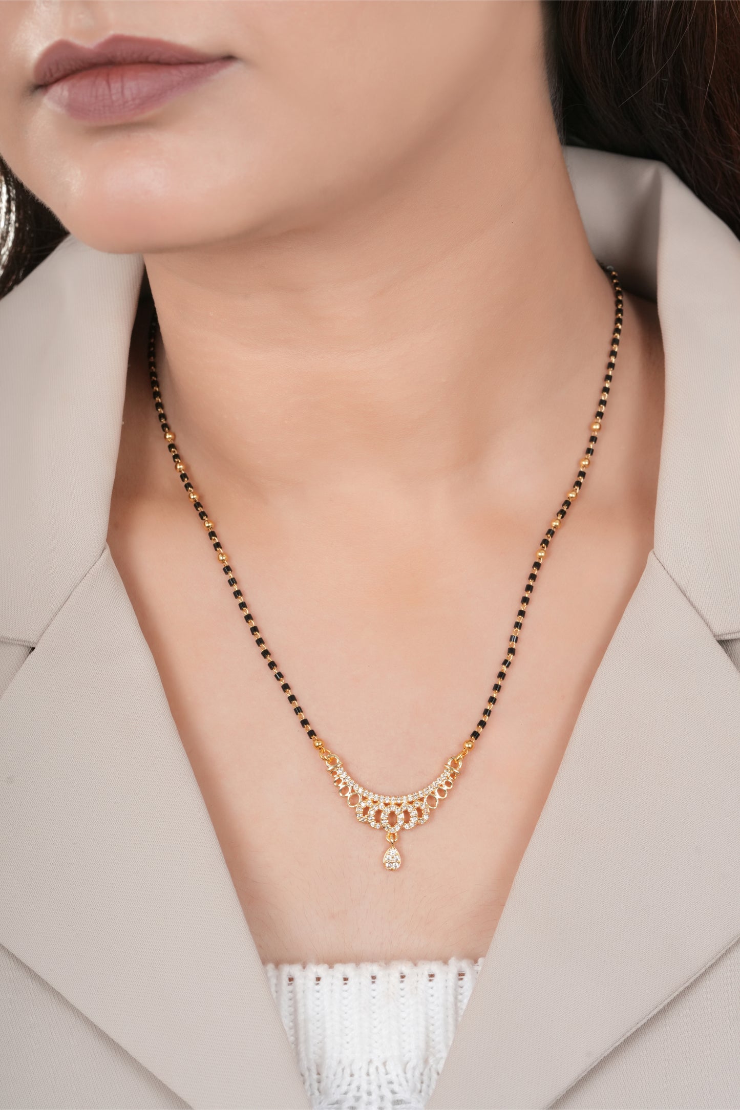 Gold Finish Scallop Arc Crystal Drop Minimal Mangalsutra
