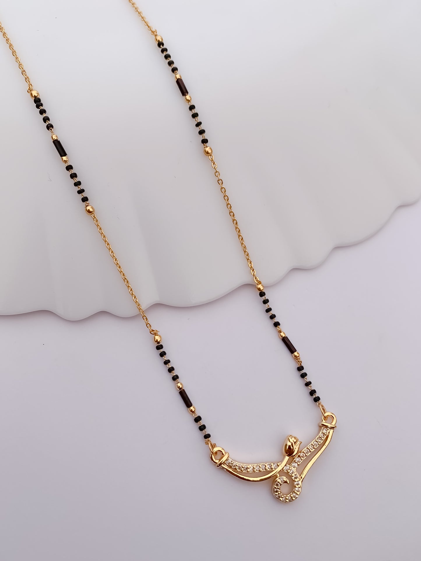 Gold Finish Curved Crystal Accent Minimal Mangalsutra