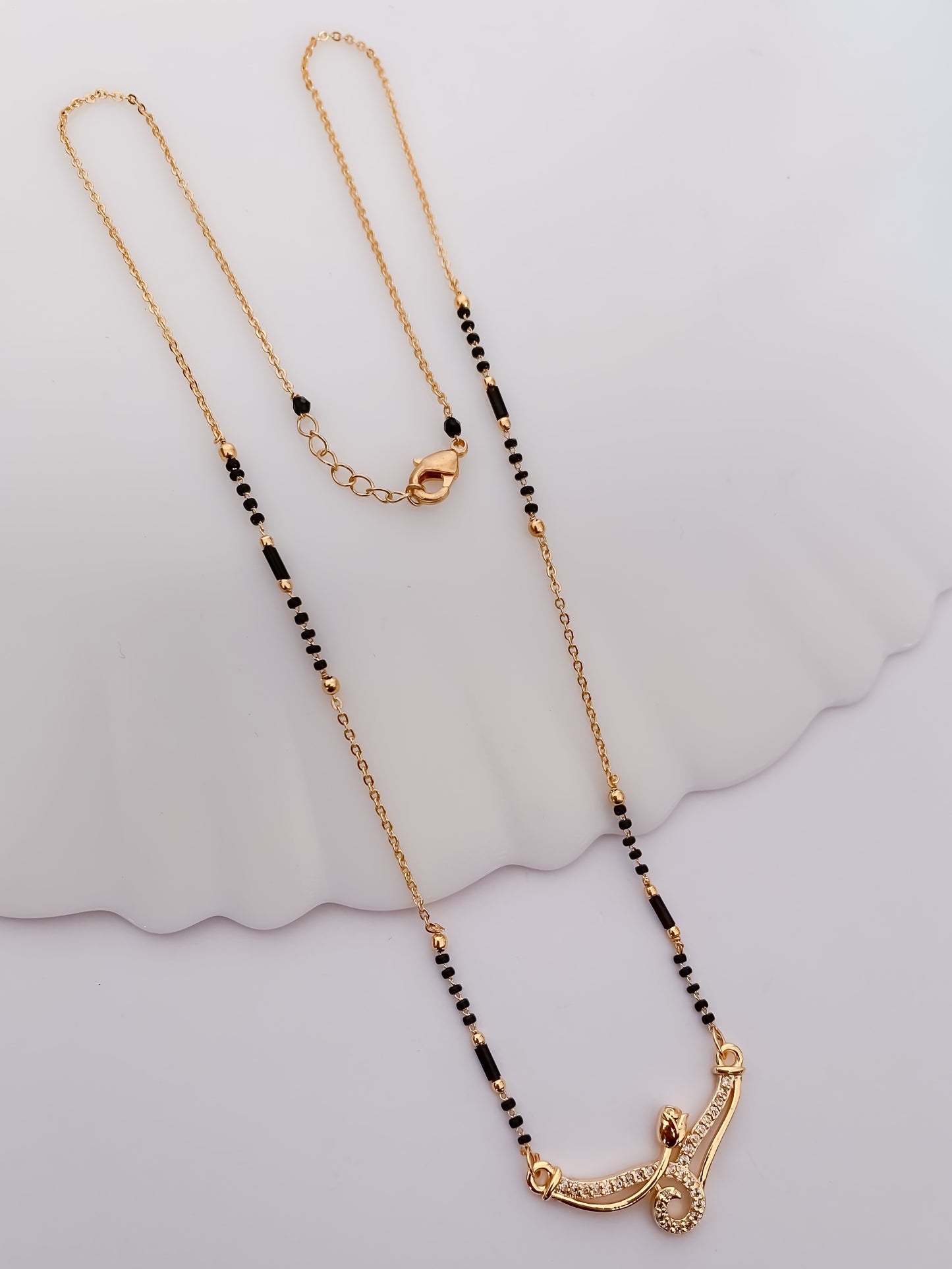 Gold Finish Curved Crystal Accent Minimal Mangalsutra