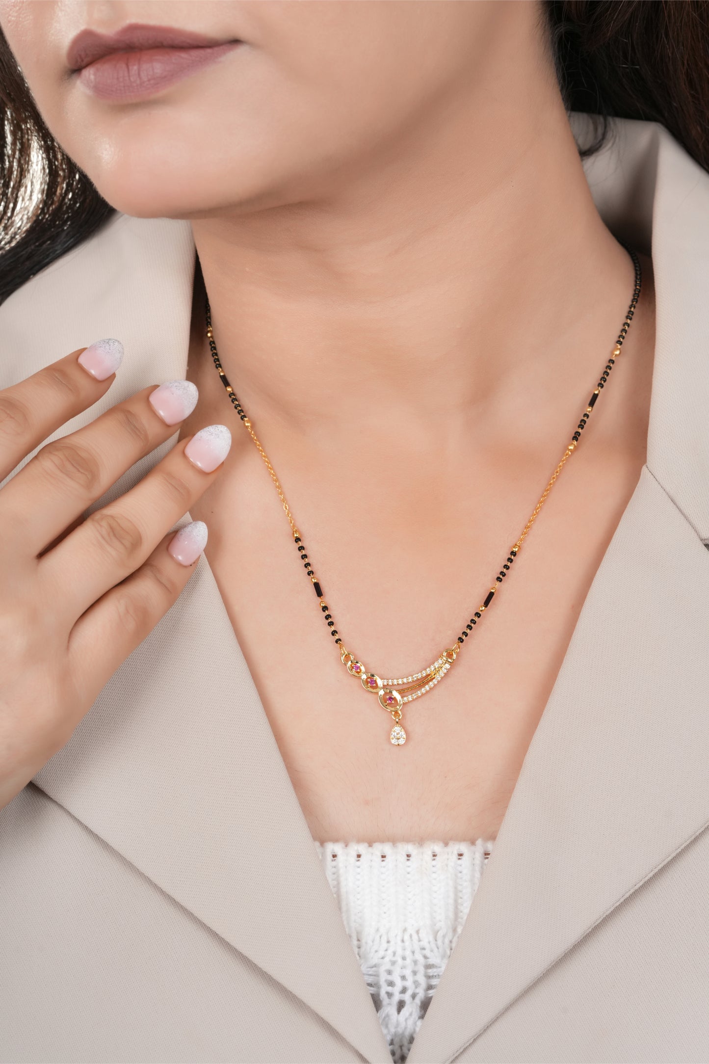 Gold Finish Ruby Triple Stone Curved Minimal Mangalsutra