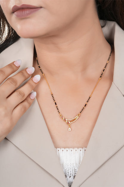 Gold Finish Ruby Triple Stone Curved Minimal Mangalsutra
