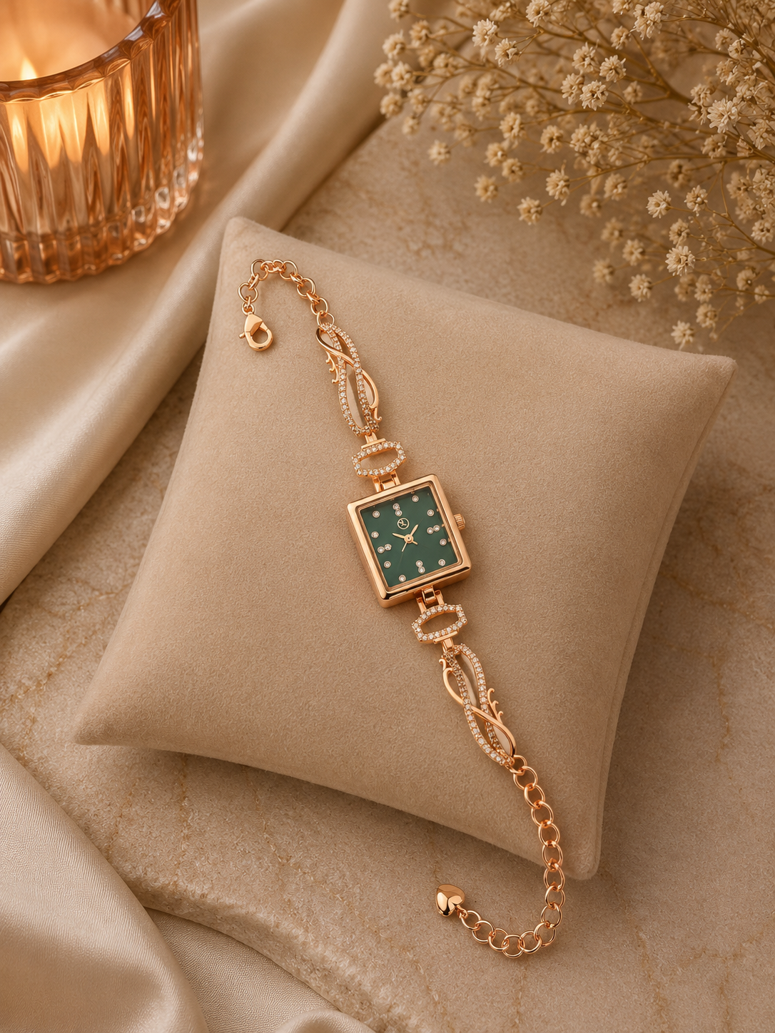 Rose Gold Emerald Dial Crystal Bracelet Watch