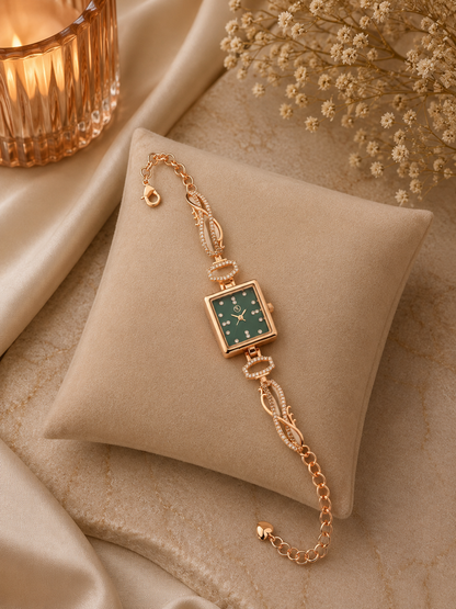 Rose Gold Emerald Dial Crystal Bracelet Watch
