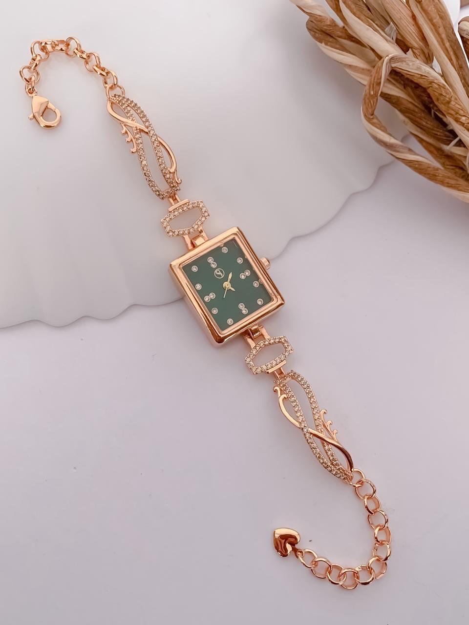 Rose Gold Emerald Dial Crystal Bracelet Watch