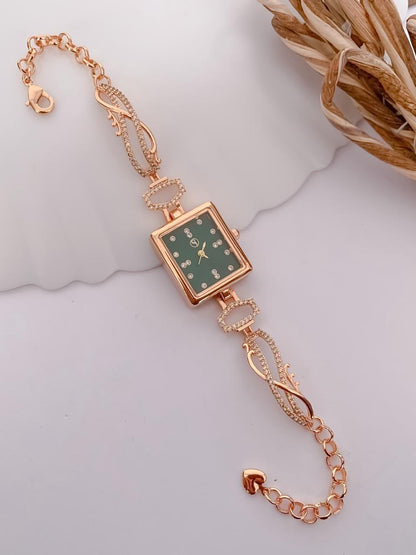 Rose Gold Emerald Dial Crystal Bracelet Watch
