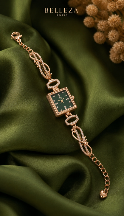 Rose Gold Emerald Dial Crystal Bracelet Watch