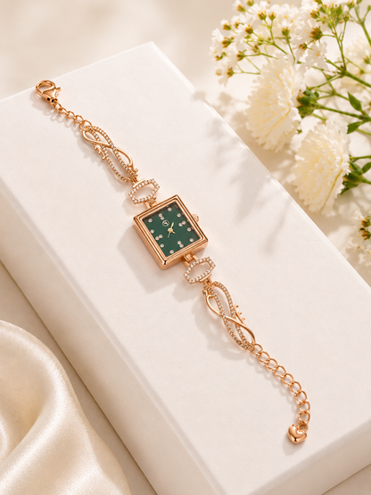 Rose Gold Emerald Dial Crystal Bracelet Watch