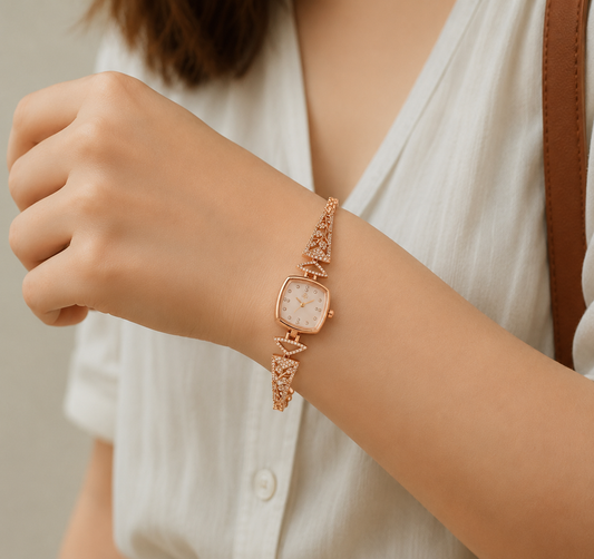 Luxury Rose Gold Crystal Bracelet Watch with White Dial
