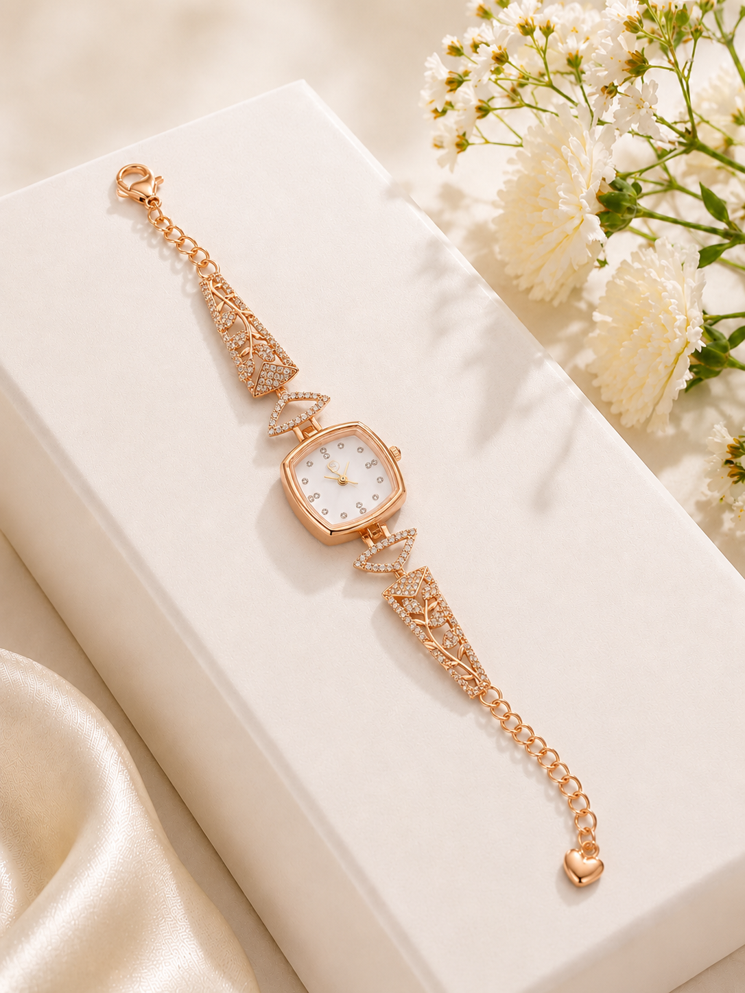 Luxury Rose Gold Crystal Bracelet Watch with White Dial