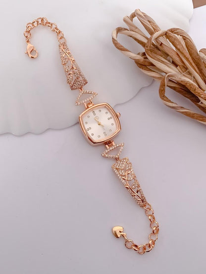 Luxury Rose Gold Crystal Bracelet Watch with White Dial