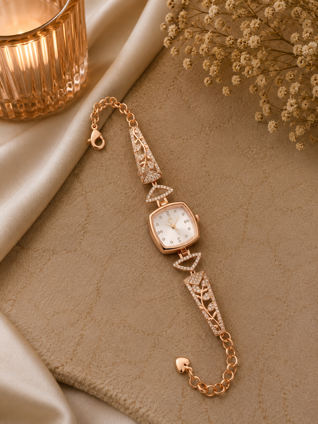 Luxury Rose Gold Crystal Bracelet Watch with White Dial