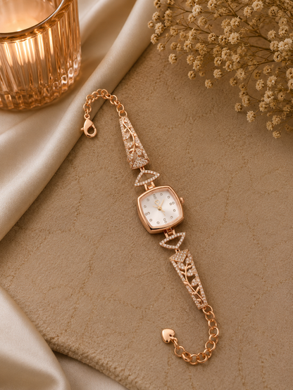 Luxury Rose Gold Crystal Bracelet Watch with White Dial