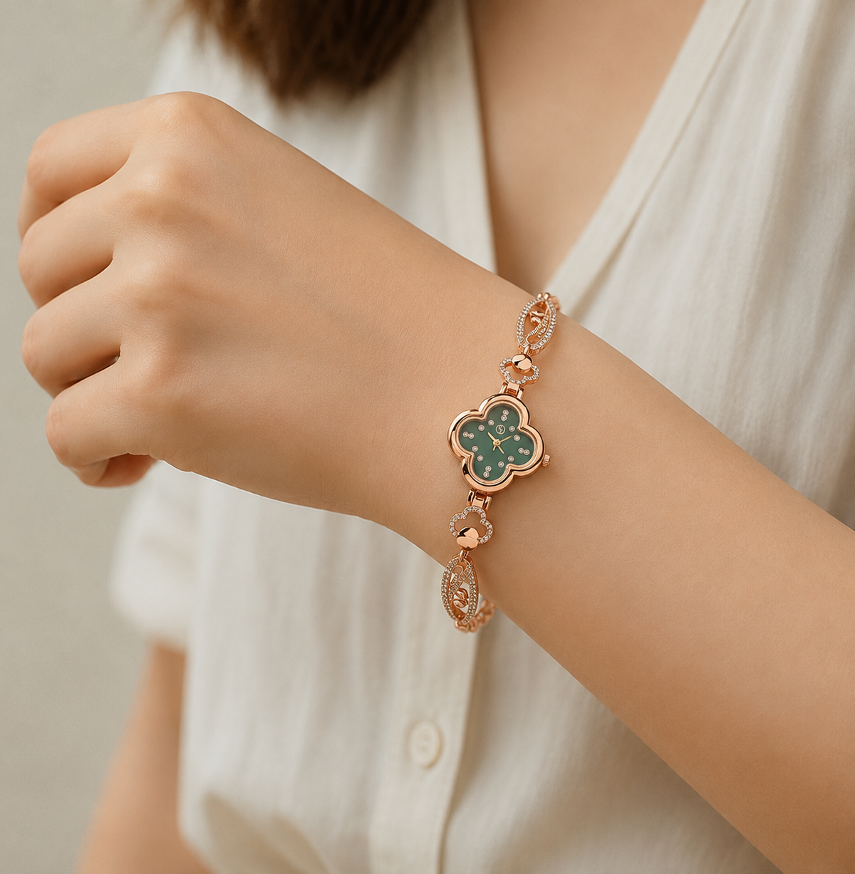 Rose Gold Clover-Shaped Green Dial Crystal Bracelet Watch for Women