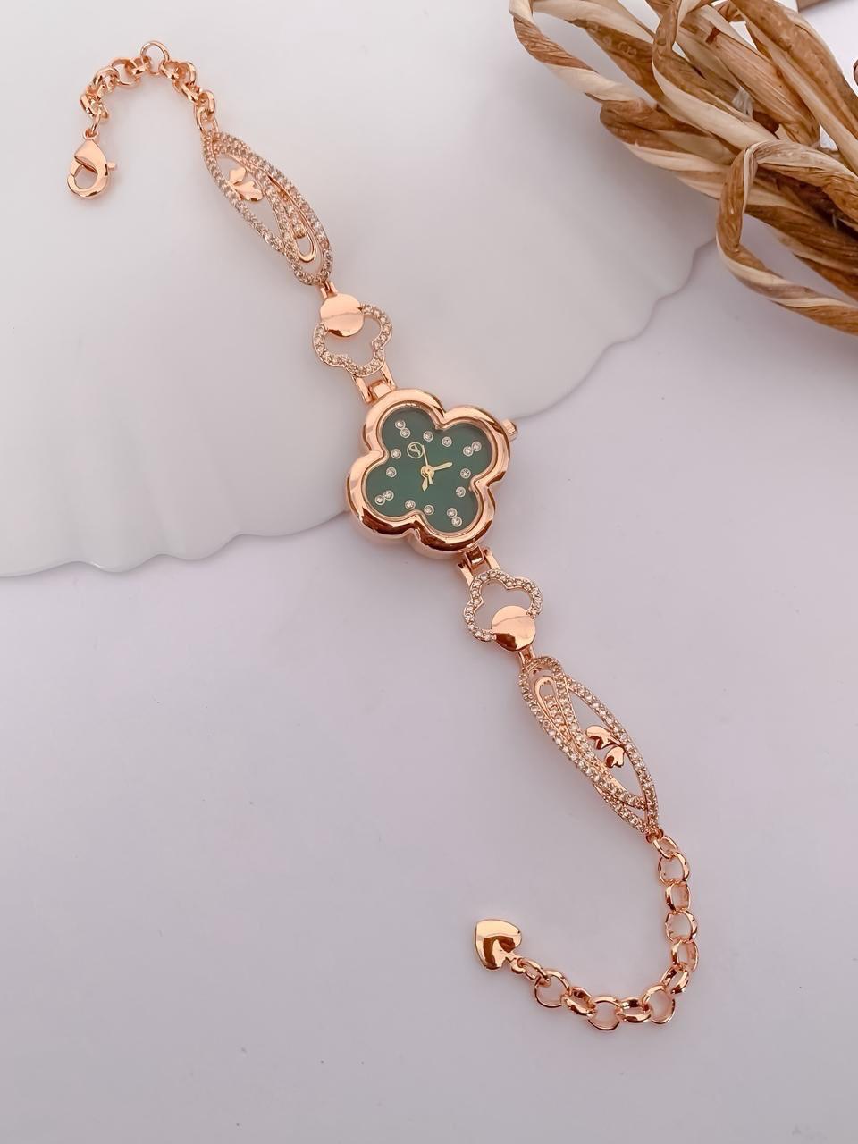 Rose Gold Clover-Shaped Green Dial Crystal Bracelet Watch for Women