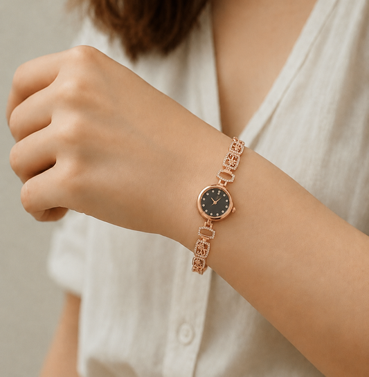 Luxury Rose Gold Floral Crystal Bracelet Watch for Women