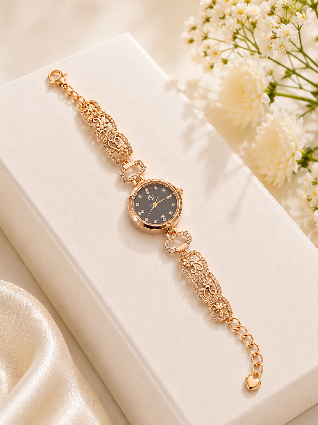Luxury Rose Gold Floral Crystal Bracelet Watch for Women