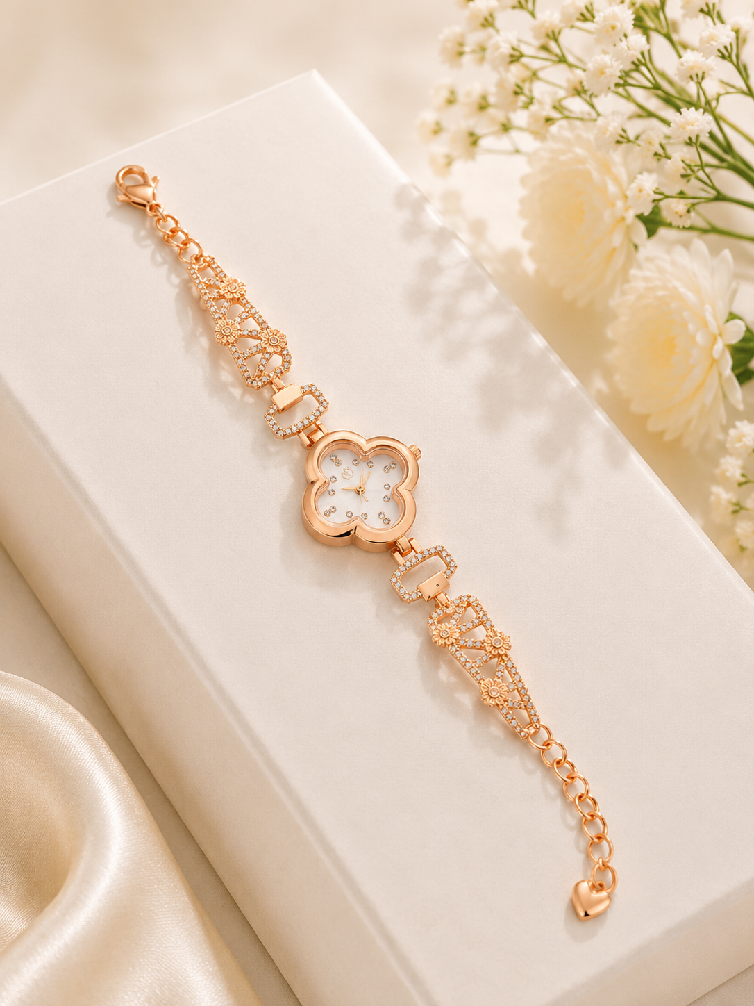 Elegant Rose Gold Clover Dial Crystal Bracelet Watch for Women