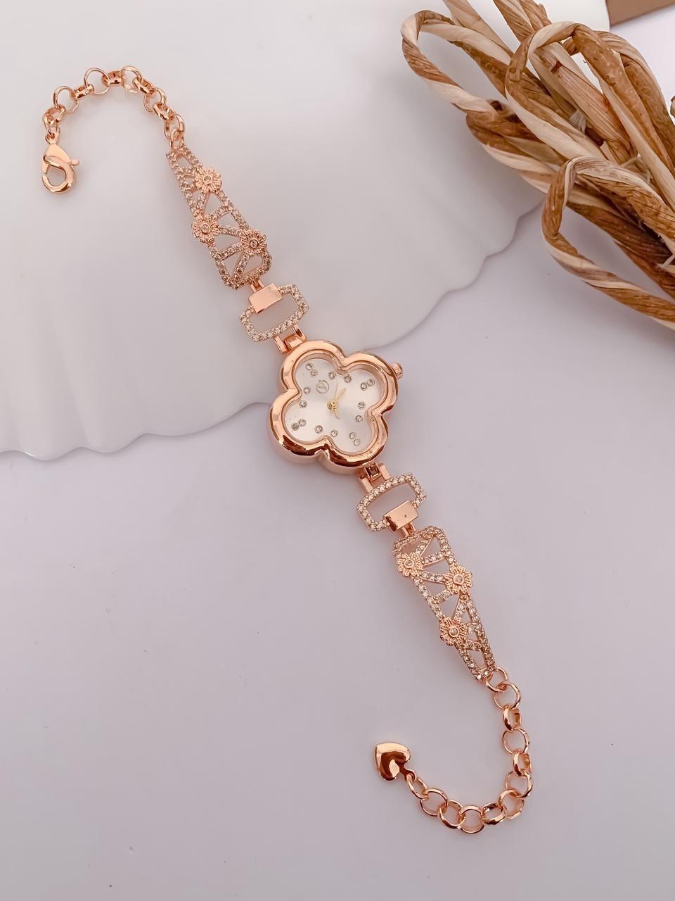 Elegant Rose Gold Clover Dial Crystal Bracelet Watch for Women