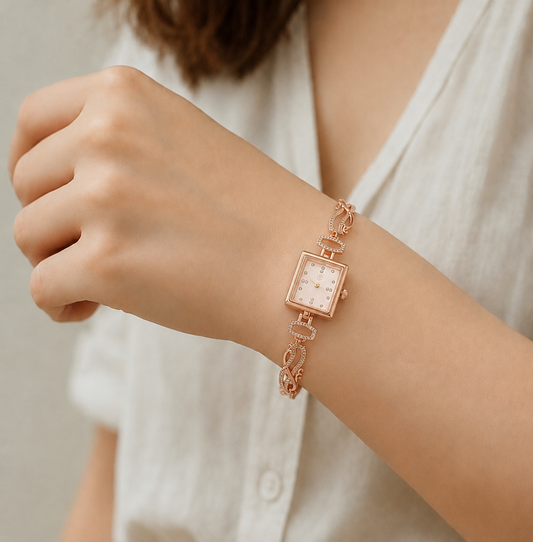 Elegant Rose Gold Square White Dial Crystal Bracelet Watch for Women