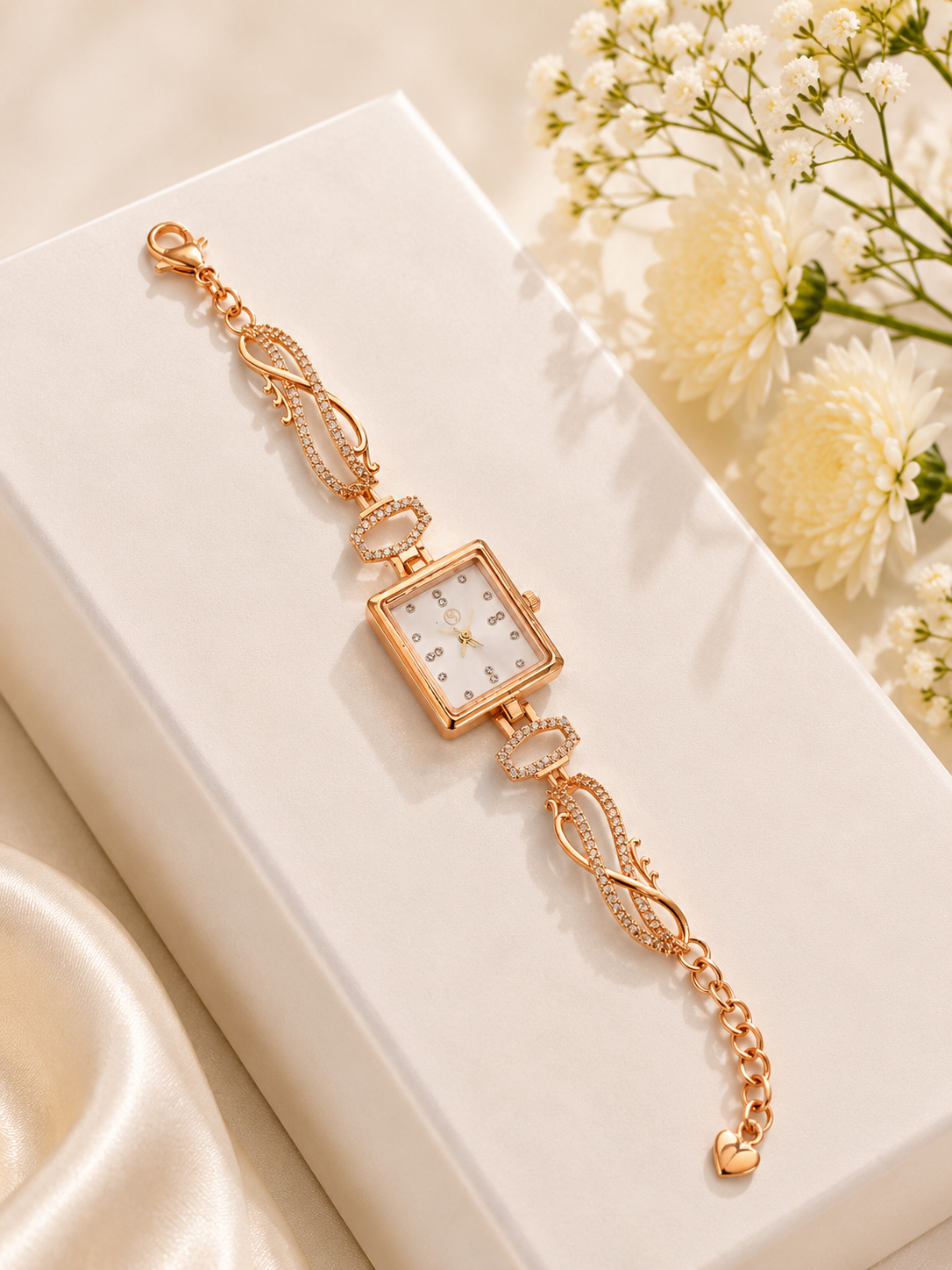 Elegant Rose Gold Square White Dial Crystal Bracelet Watch for Women