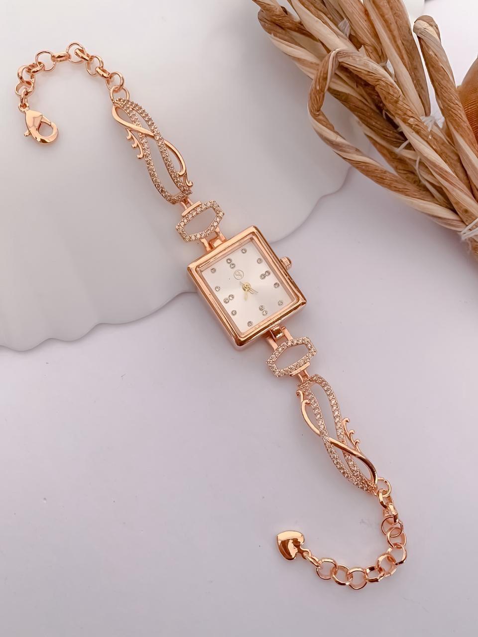 Elegant Rose Gold Square White Dial Crystal Bracelet Watch for Women