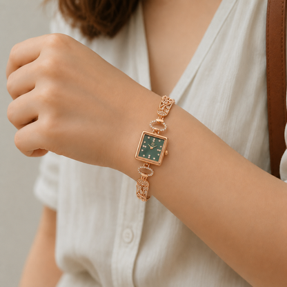 Rose Gold Square Green Dial Heart Crystal Bracelet Watch for Women