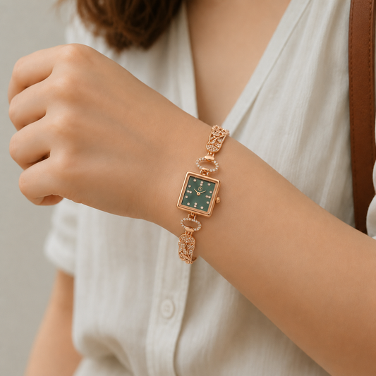 Rose Gold Square Green Dial Heart Crystal Bracelet Watch for Women