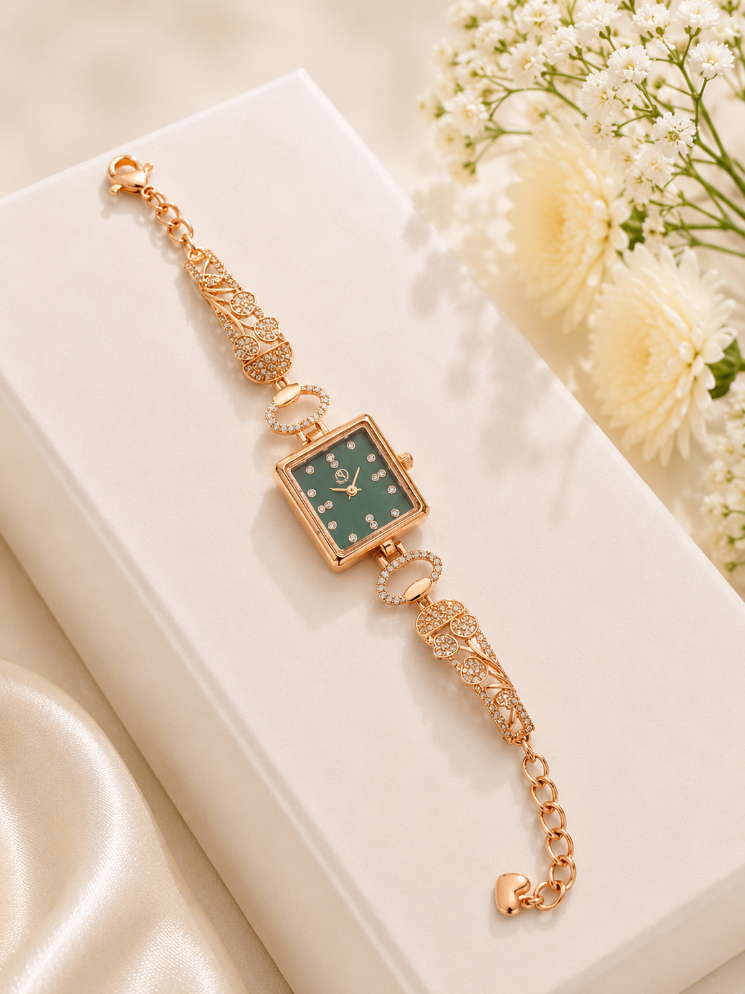 Rose Gold Square Green Dial Heart Crystal Bracelet Watch for Women