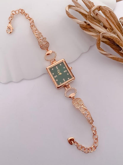 Rose Gold Square Green Dial Heart Crystal Bracelet Watch for Women