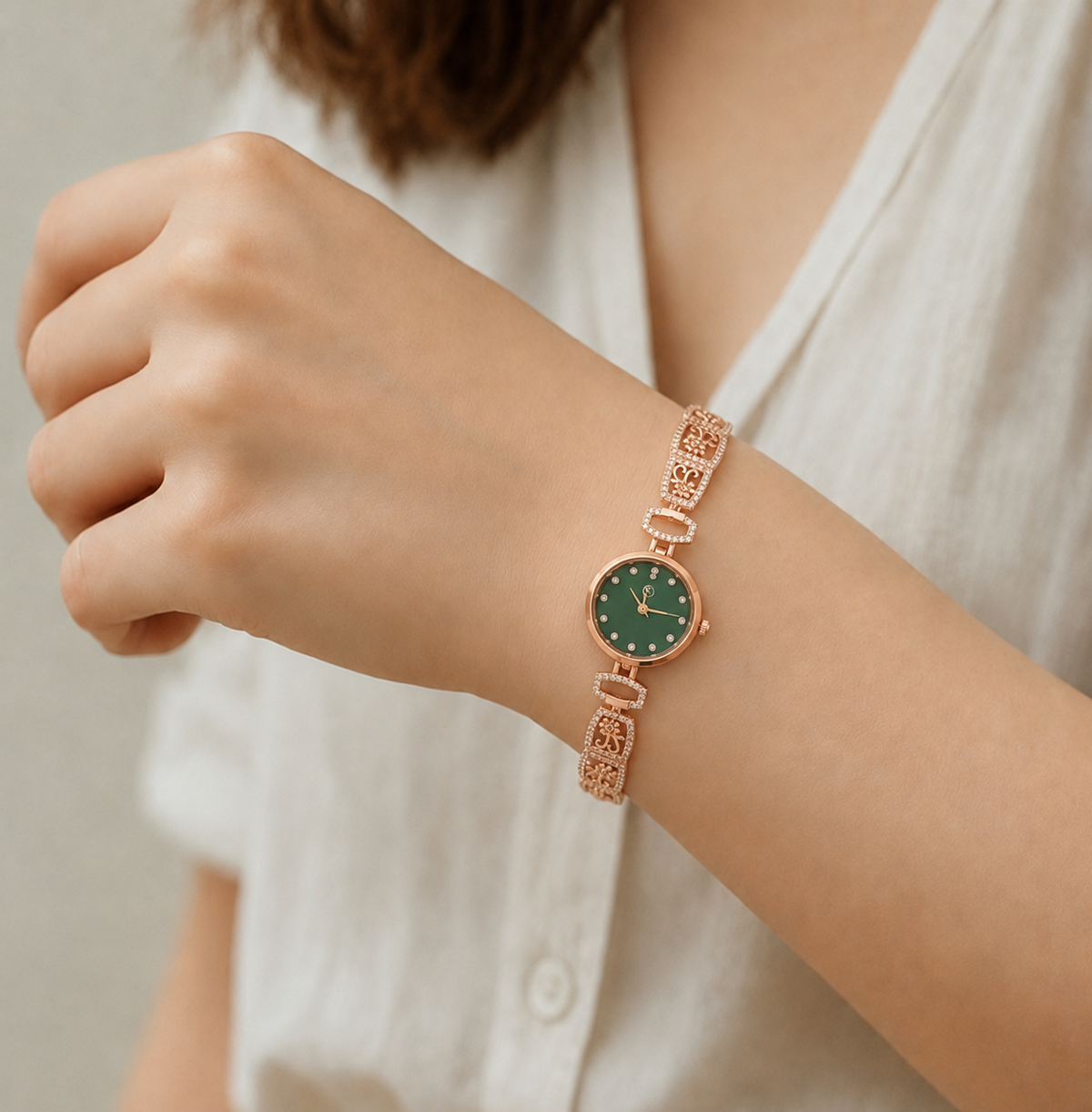 Luxury Rose Gold Green Dial Floral Crystal Bracelet Watch for Women