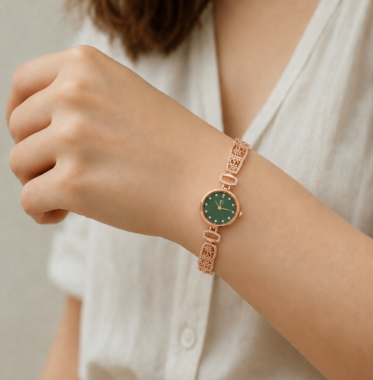 Luxury Rose Gold Green Dial Floral Crystal Bracelet Watch for Women