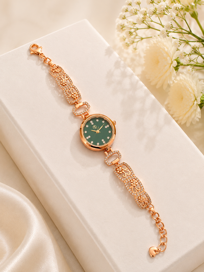 Luxury Rose Gold Green Dial Floral Crystal Bracelet Watch for Women