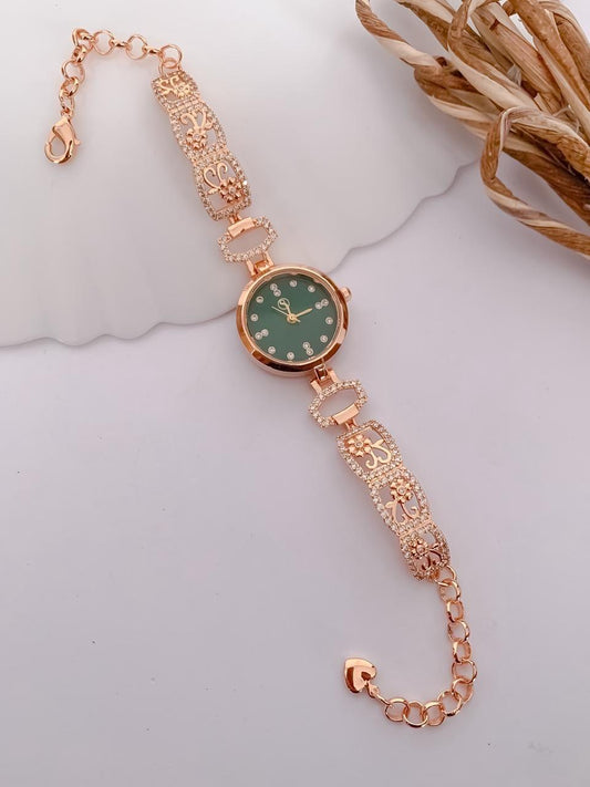 Luxury Rose Gold Green Dial Floral Crystal Bracelet Watch for Women