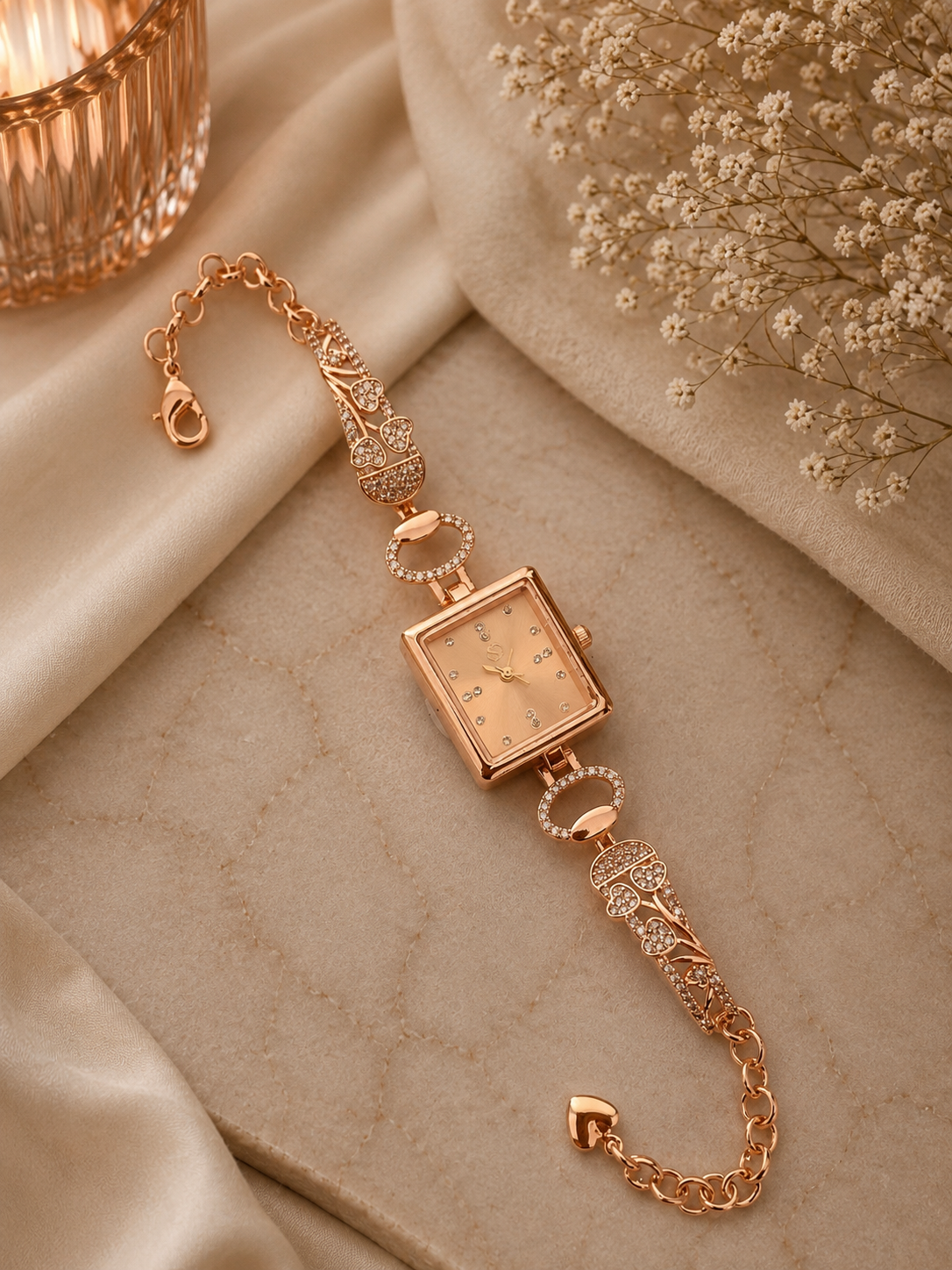 Luxury Rose Gold Square Champagne Dial Crystal Bracelet Watch for Women